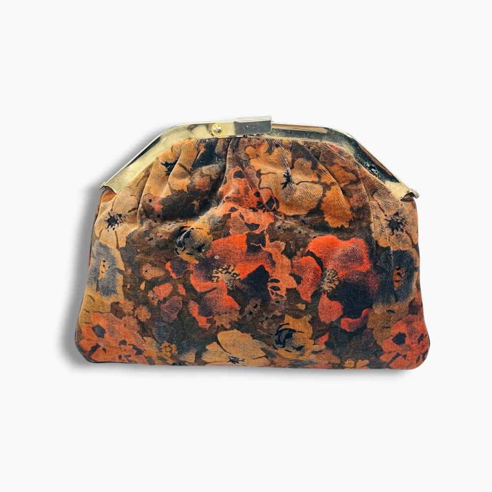 Vintage Ideal Floral Velvet Clutch Orange Brown Gold Frame Evening Bag Chain